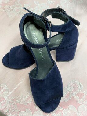 Stuart Weitzman-Women-47427-Navy Suede Leather heel Shos.Sz-7N.Spain.Used.